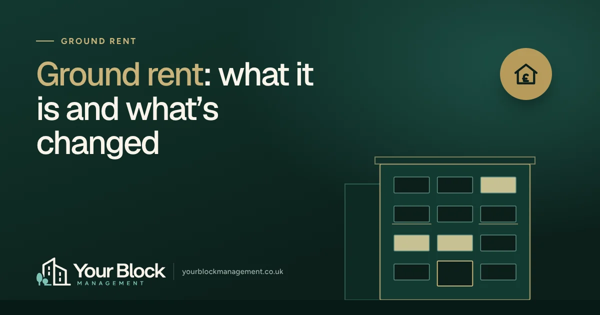 Illustration of a block of flats at dusk with the words Ground rent: what it is and what’s changed