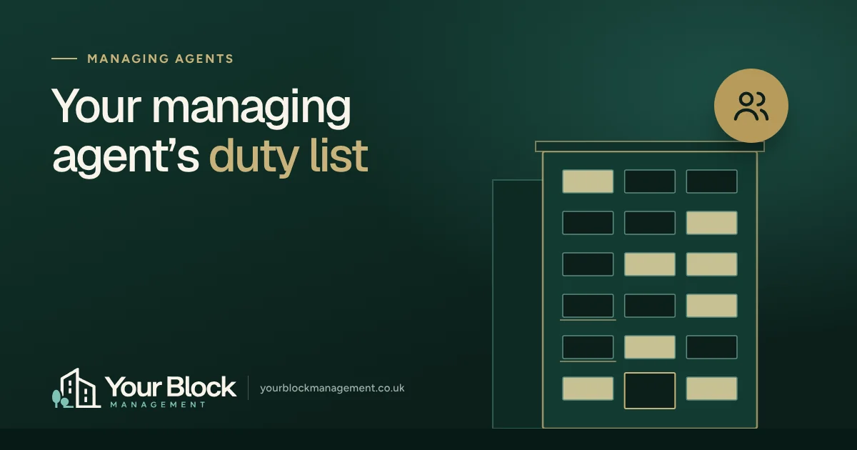 Illustration of a block of flats with the words Your managing agent’s duty list