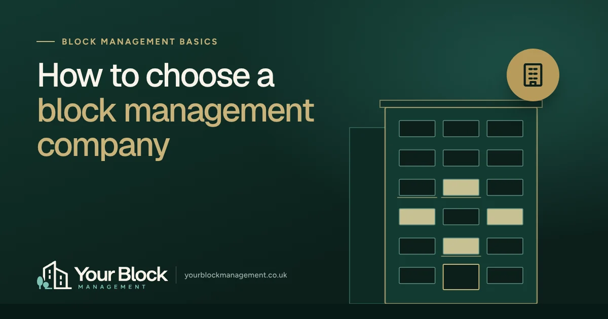 Illustration of a block of flats at dusk with the words How to choose a block management company