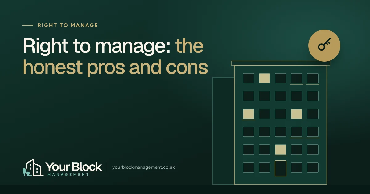 Illustration of a block of flats at dusk with the words Right to manage: the honest pros and cons
