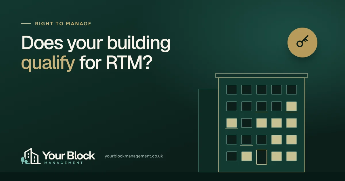 Illustration of a block of flats with a checklist, and the words Does your building qualify for RTM?