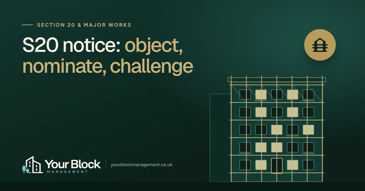 Illustration of a block of flats with scaffolding beside the words “S20 notice: object, nominate, challenge” and the Your Block logo