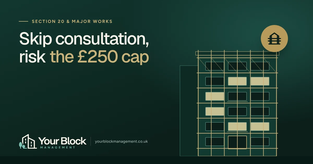 Illustration of a block of flats with scaffolding beside the words “Skip consultation, risk the £250 cap” and the Your Block logo