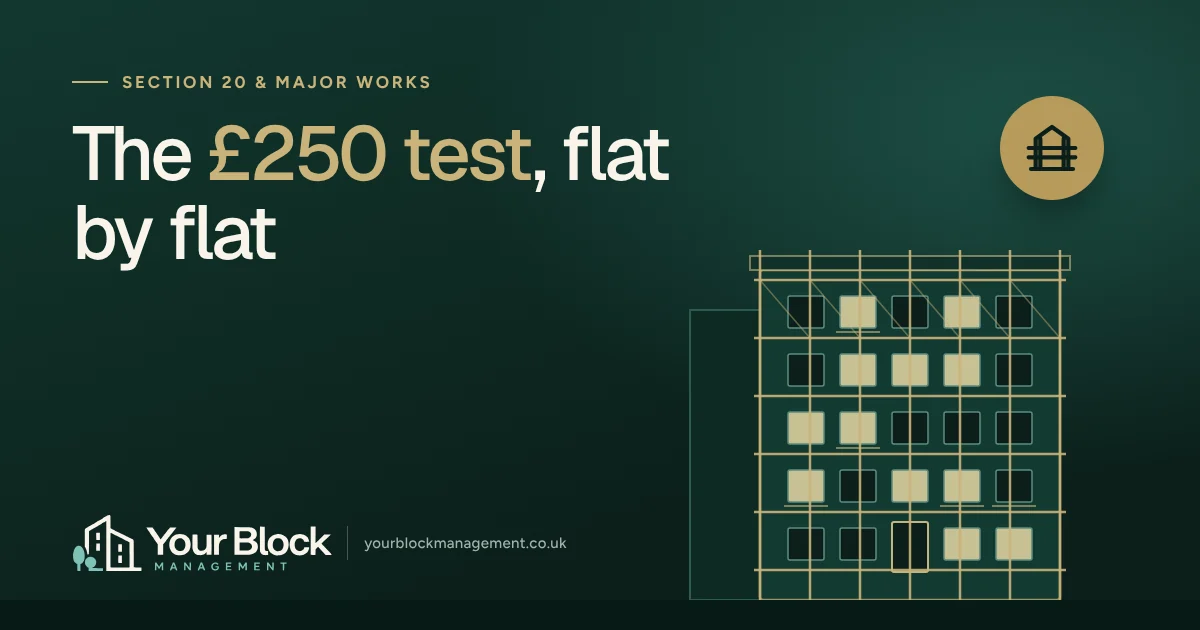 Illustration of a block of flats with the words “The £250 test, flat by flat” and the Your Block logo