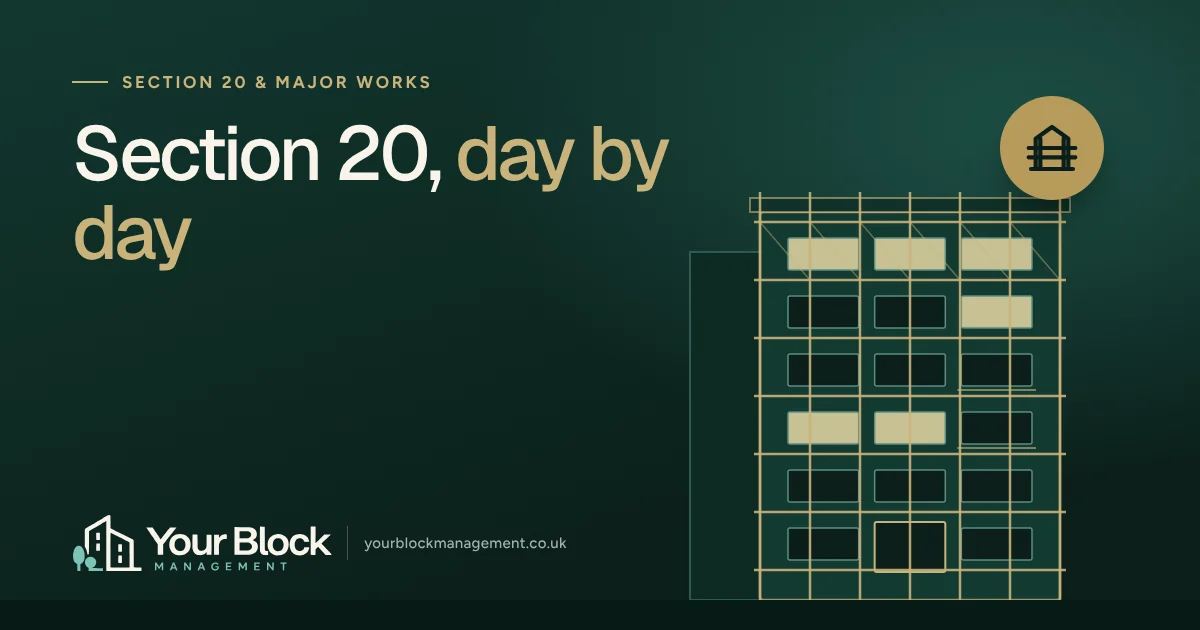 Illustration of a block of flats with scaffolding and the words “Section 20, day by day” with the Your Block logo