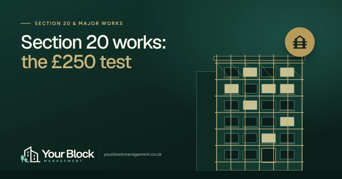 Illustration of a block of flats with scaffolding beside the words “Section 20 works: the £250 test” and the Your Block logo
