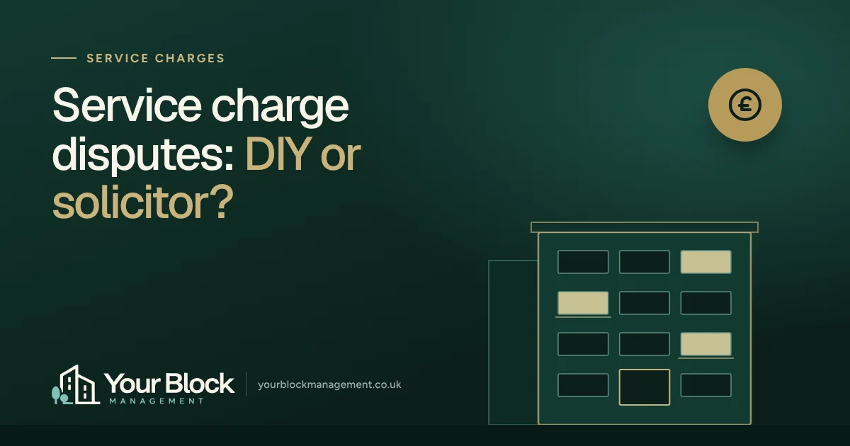 Illustration of a block of flats at dusk with the words Service charge disputes: DIY or solicitor?