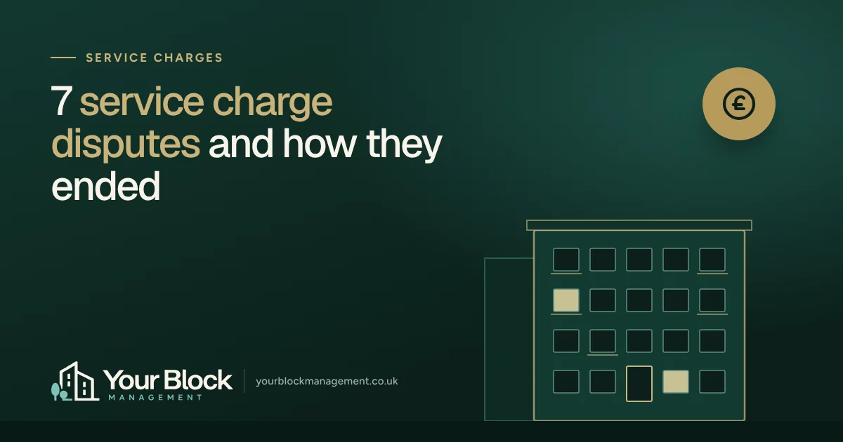 Illustration of a block of flats at dusk with the words 7 service charge disputes and how they ended