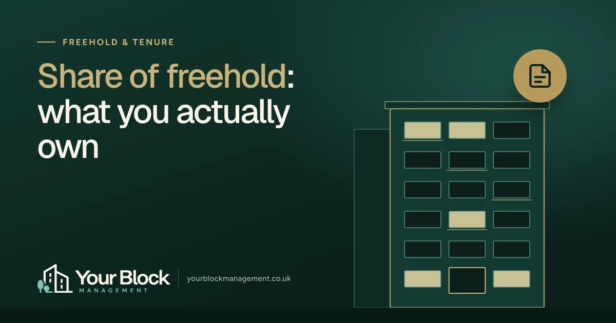 Illustration of a block of flats at dusk with the words Share of freehold: what you actually own