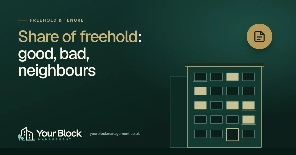 Illustration of a block of flats at dusk with the words Share of freehold: good, bad, neighbours