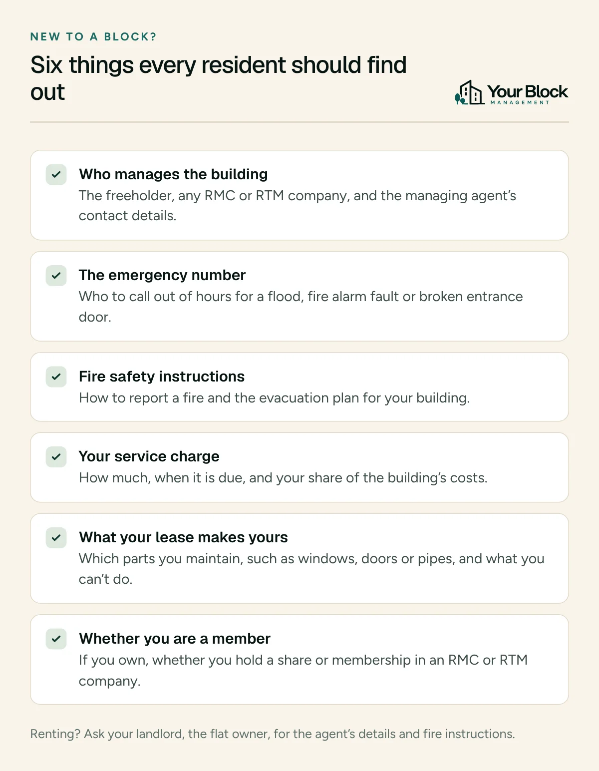 Checklist of six things to find out: who manages the building, the emergency number, fire safety instructions, your service charge, what your lease makes your responsibility, and whether you are a member of an RMC or RTM company.